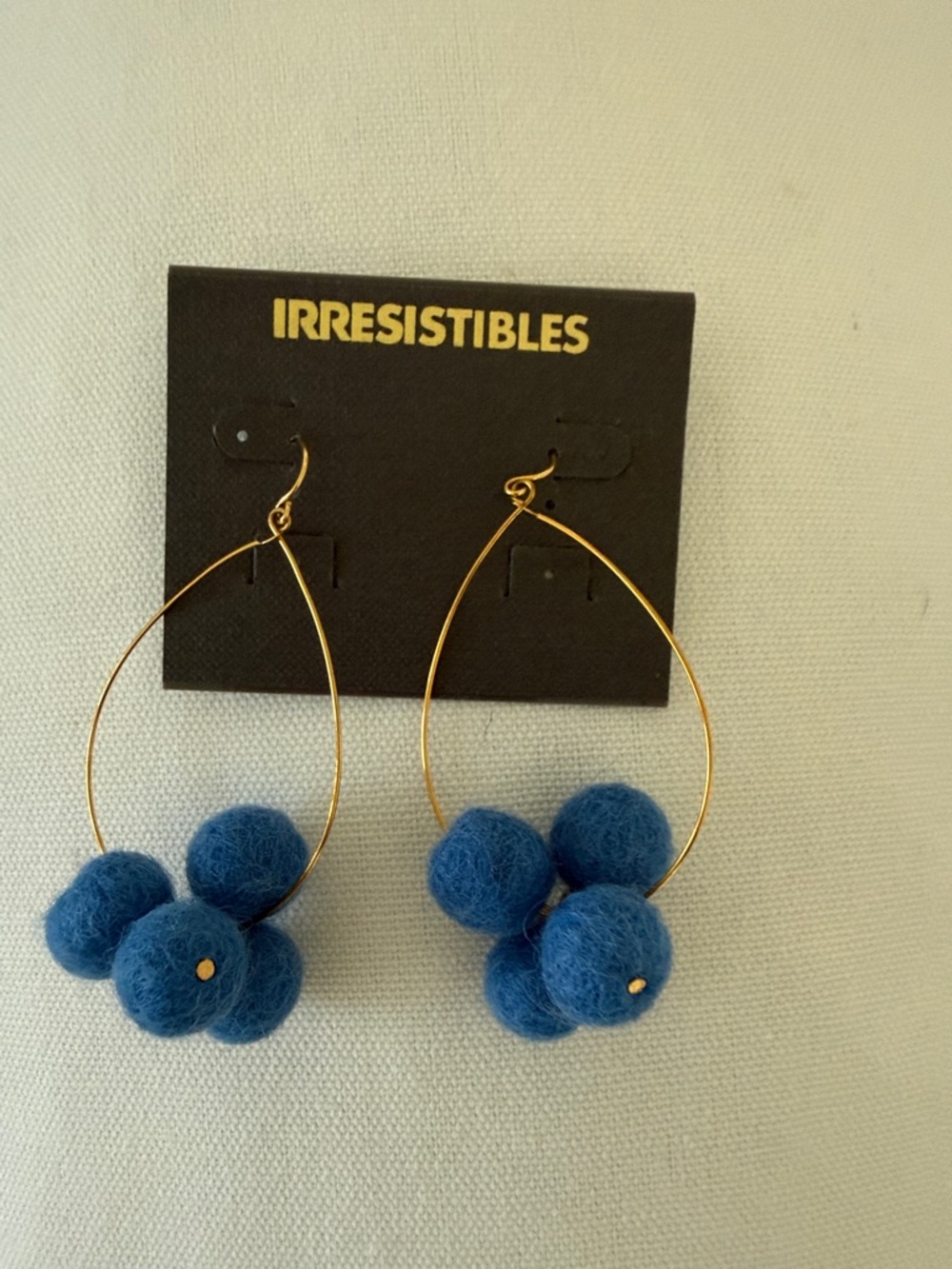 Blue Felt Ball Hoop Earrings - Gold $38